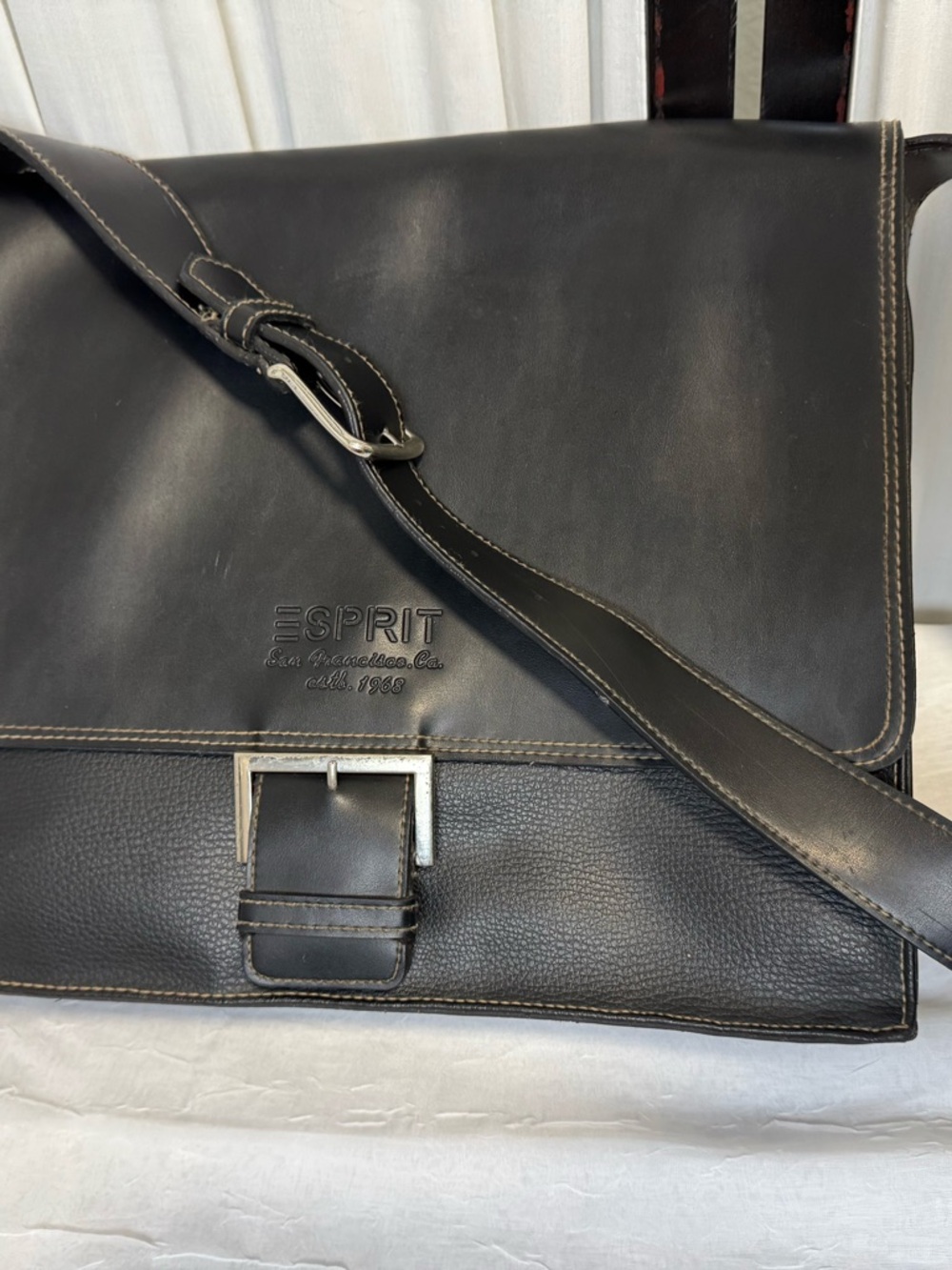Esprit Black Faux Leather Messenger Satchel with Silver Buckle